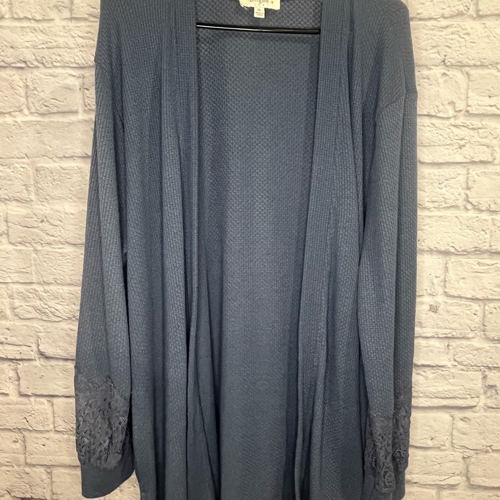 Umgee 1XL Plus Blue Waffle Knit Cardigan Lace Trim Sleeve Open Front Boho